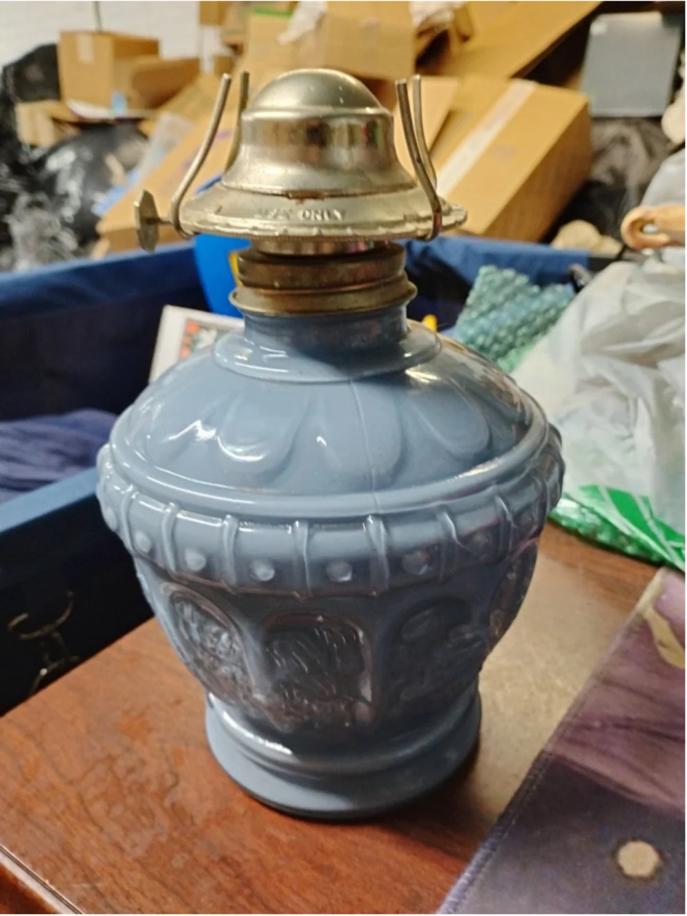 VTG 1988 Kaadan LTD Embossed Rose Bud Pale Blue Glass Paraffin/ Oil Lamp Base